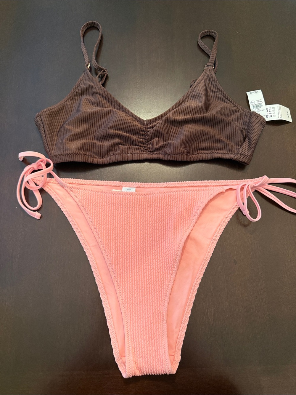 aerie Ribbed Two-Piece Bikini in Brown & Peach